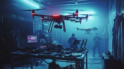 Night Operation: Drone Technicians in a Futuristic Tech Lab