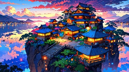 Enchanted Asian Village at Sunset: A Serene Coastal Haven