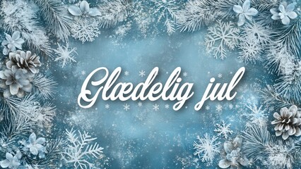 Elegant Christmas Background with Silver Elements and "Glædelig Jul" Festive Greeting in Danish