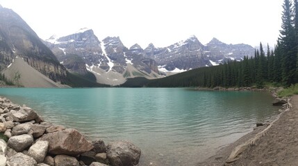 Obraz premium Tranquil Mountain Lake Surrounded by Peaks and Green Forests in Canada