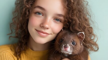 A young woman posing with her ferret, vibrant studio colors, quirky and unconventional pet bond representation.