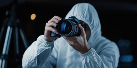 A focused forensic photographer captures details at a crime scene, emphasizing precision and keen observational skills.