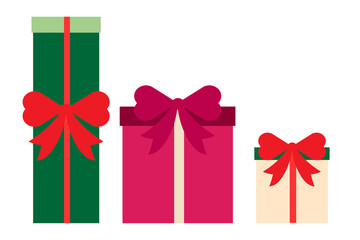 Colorful Christmas gift boxes with ribbons and bows. Three presents in green, pink, and cream. Perfect for birthday, celebrations, holiday designs, banners, cards, and promotions. Modern vector art