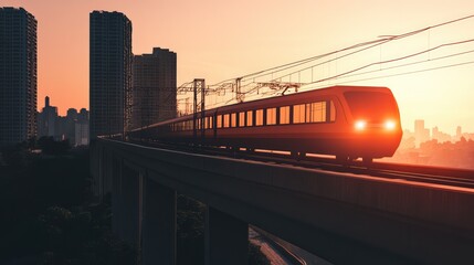 Fototapeta premium A high-speed train speeding across a concrete bridge with the city skyline in the background and the train motion adding energy to the scene