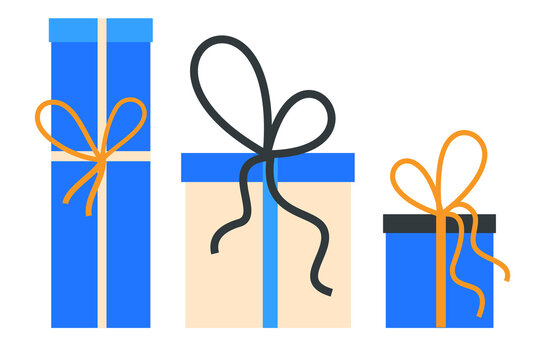 Colorful gift boxes with ribbons and bows. Three festive presents in blue, yellow, and cream. Perfect for holiday designs, banners, cards, and seasonal promotions. Modern vector art