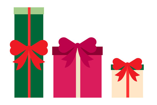 Colorful Christmas gift boxes with ribbons and bows. Three presents in green, pink, and cream. Perfect for birthday, celebrations, holiday designs, banners, cards, and promotions. Modern vector art