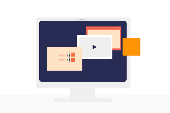 Modern computer screen illustration with open video player, windows, and graphics. Perfect for online media, web design, streaming, user interface, technology, and digital content concepts