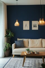 Cozy living room with blue walls and modern decor highlighting comfort and style