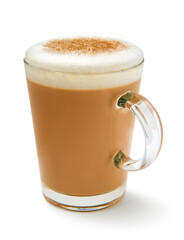 Coffee latte with foamy milk and chocolate powder in glass cup isolated on white.