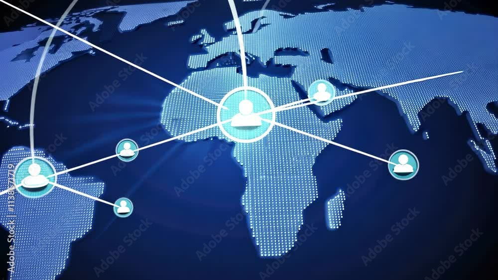 Poster digital network connectivity with global map and user icons for online interaction