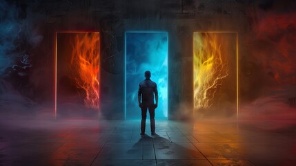 Fototapeta premium A male figure stands before three vibrant doors representing different elemental realms, creating an intense and mystical atmosphere.