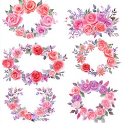 A whimsical watercolor floral bouquet featuring a wreath of pink roses, violet, and cream peonies, set against a white background with frame, border, and divider.