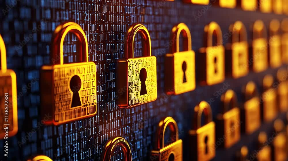 Poster golden digital locks on a binary code background for cybersecurity concept