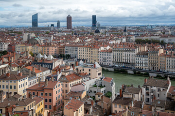The rooftops of the presqu'ile in Lyon (France) around the Sa&agrave;one river
