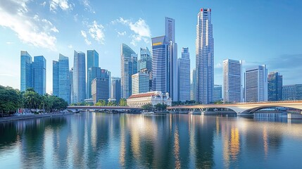 Obraz premium A bustling metropolitan skyline with towering skyscrapers and bridges. 