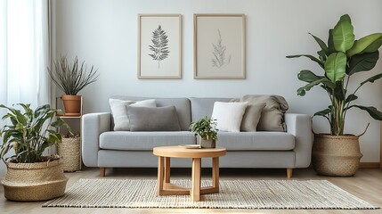 Beautiful Modern Living room Interior with furniture's ,mockup frame , posters, wall -3d Rendering