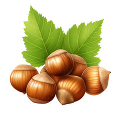 Hazelnuts with leaves, isolated on transparent background.