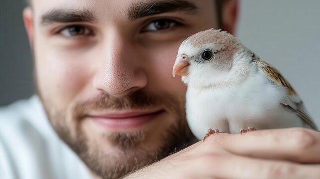 A man with a bird perched on his hand, with a minimalist backdrop and focused lighting. - Powered by Adobe