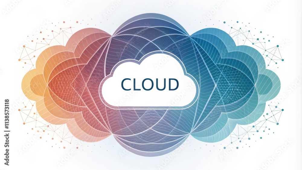 Poster visualizing cloud computing with a central white cloud symbol surrounded by overlapping spheres in w
