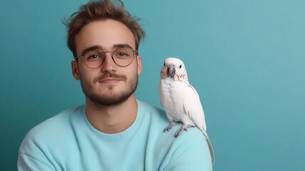 A man playing with his parrot perched on his shoulder, dynamic pose, exotic vibe, vibrant studio lighting, unique pet-human interaction.
