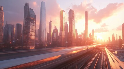 Fototapeta premium A high-speed train speeding through a busy city with a skyline of tall, gleaming skyscrapers against a bright afternoon sky