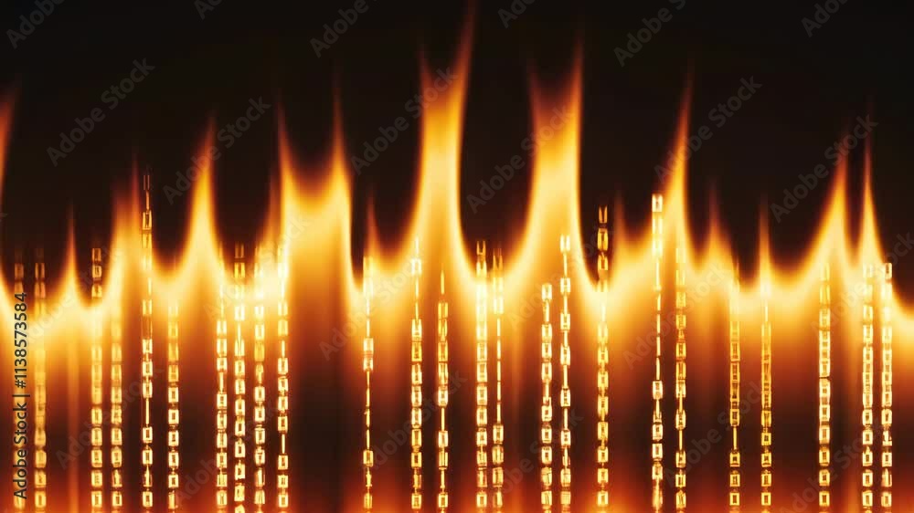 Poster dynamic digital flames with binary code background for technology or cyber themes