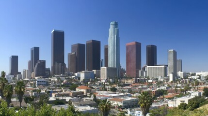 Obraz premium Stunning Panoramic View of Los Angeles Skyline with Clear Blue Sky