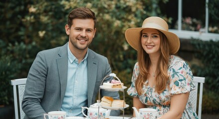 Outdoor afternoon tea with young caucasian couple in elegant summer attire