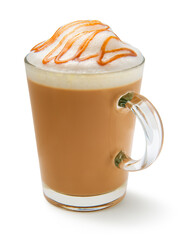 Caramel latte with foamy milk and caramel sauce in glass cup isolated on white background.