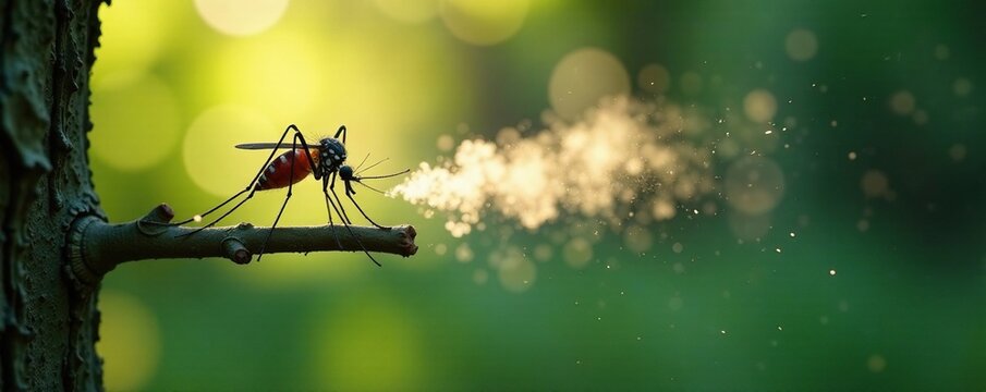 Fogged DDT spray killing mosquitoes on a branch, tree, DDT spray