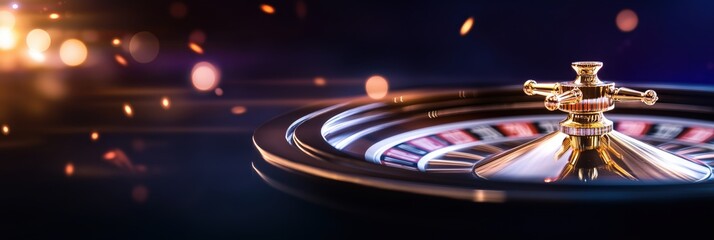 A roulette wheel spins with motion blur, capturing the excitement and anticipation of the casino atmosphere.
