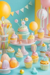 Delightful pastel dessert display featuring a rainbow cake and colorful cupcakes