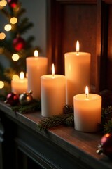 Four candles on wooden mantel with festive backdrop, , holiday ambiance, holiday decor