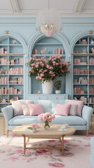 Modern living room with sofa with bookself.