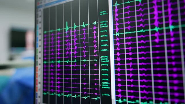 Large black monitor of computer equipment in surgery room. Brain waves of the patient on the screen. Close up.