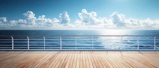 Panoramic view from a cruise ship deck over calm ocean and clear skies at noon