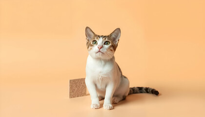 Adorable Tabby Cat Sitting on Peach Background in Studio Portrait