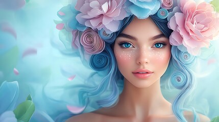 Naklejka premium Beautiful woman in a surreal setting with pastel quilling forming a colorful headdress
