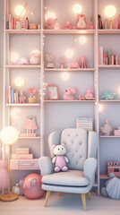 Cartoons scene with bookshelf and toys.