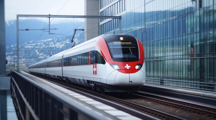 Fototapeta premium A high-speed train speeding through an urban area, with reflections of its sleek design visible on the windows of nearby buildings