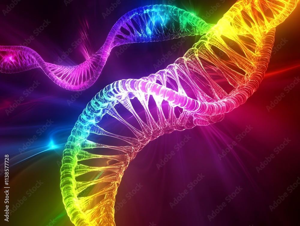 Poster A Vibrant Representation of DNA Structure with Rainbow Colors and Abstract Background Illustrating Genetic Science and Biological Diversity in a Futuristic Perspective