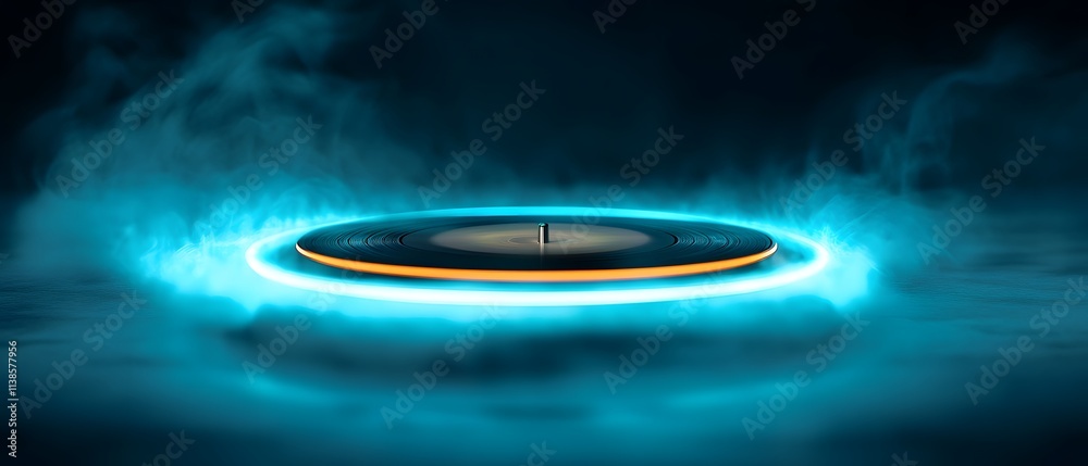 Poster futuristic circular platform surrounded by ethereal blue light and mist, ideal for sci-fi or fantasy