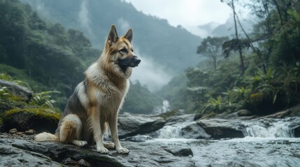Obraz premium German Shepherd in misty mountain forest beside rushing stream