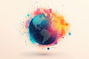 Abstract digital globe with colorful geometric shapes and patterns