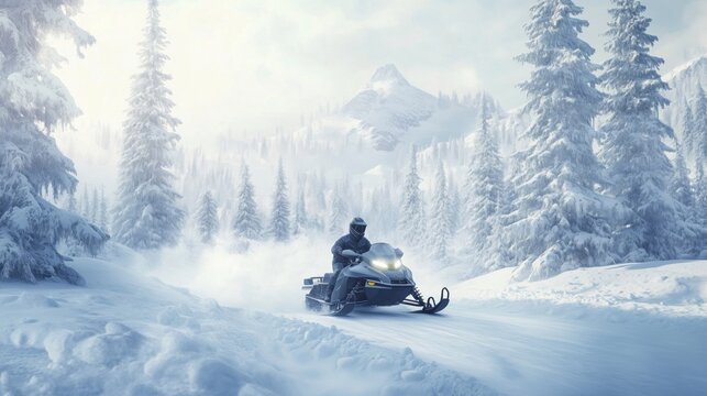 Snowy Landscape with Snowmobiler