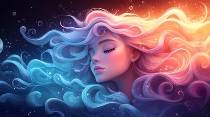 Dreamlike quilling portrait of a woman with flowing pastel waves forming her long hair