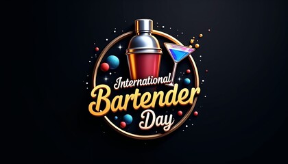 International Bartender Day emblem with a red cocktail shaker, blue martini glass, and festive lettering on a sleek black background