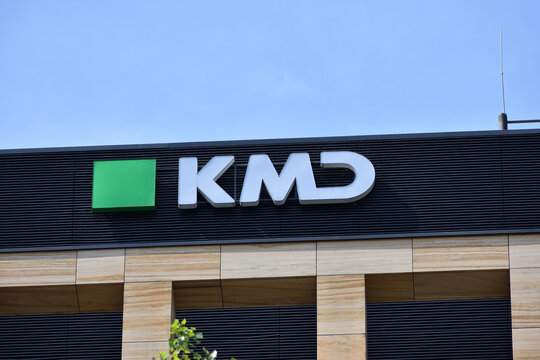 KMD company office with logo, signage on the facade. IT solutions and services. WARSAW, POLAND - JULY 17, 2024