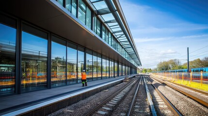 Fototapeta premium A high-speed train station being constructed, with large metal beams and glass panels being installed as part of the design