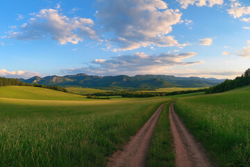 Obraz premium Beautiful summer mountain rural landscape; Panorama of summer green field with dirt road and Sunset cloudy sky